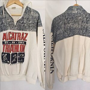 Alcatraz Triathlon Pullover Sweatshirt Half-Zip Off White Blue Red XL Vintage 80